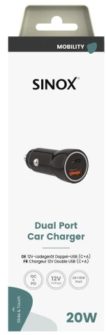Sinox 12 V dvigubas USB įkroviklis. USB A 18 W + USB C 20 W. Rūšiuoti