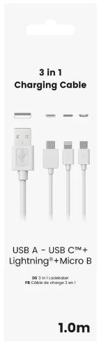 Sinox 3 viename laidas su „Lightning“, USB-C ir „Micro USB“. 1 m. Baltas.