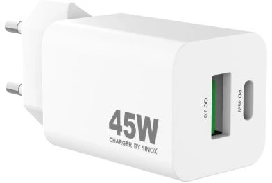 Sinox Beslag Sinox PRO USB įkroviklis 45 W USB-A + USB-C PD, baltas