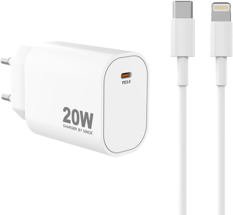 Sinox Beslag Sinox PRO sieninis įkroviklis USB-C PD 20W su Lightning kabeliu. Baltas, vidaus, AC, 2 m, baltas