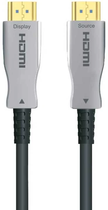 HDMI optinio kabelio jungtys su Display ir Source nurodymais