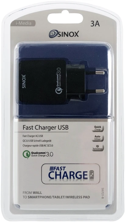Sinox iMedia QC3.0 230V USB A įkroviklis. 3,0A. Juoda