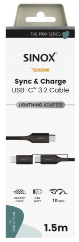 „Sinox PRO 2-in-1“ laidas su USB-C ir „Lightning“. 1,5 m. Pintas. Juodas.