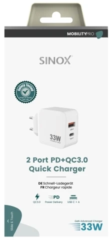 Sinox PRO 230V USB-A+USB-C PD įkroviklis 33W. Balta