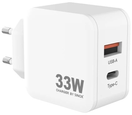Sinox PRO 230V USB-A+USB-C PD įkroviklis 33W. Balta