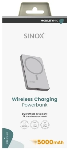 Sinox PRO belaidis išorinis akumuliatorius, 5000 mAh. Pilkas.
