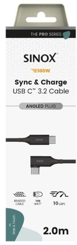 Sinox PRO USB C 3.2 Gen 2 kabelis su kampu. 2 m. Juoda