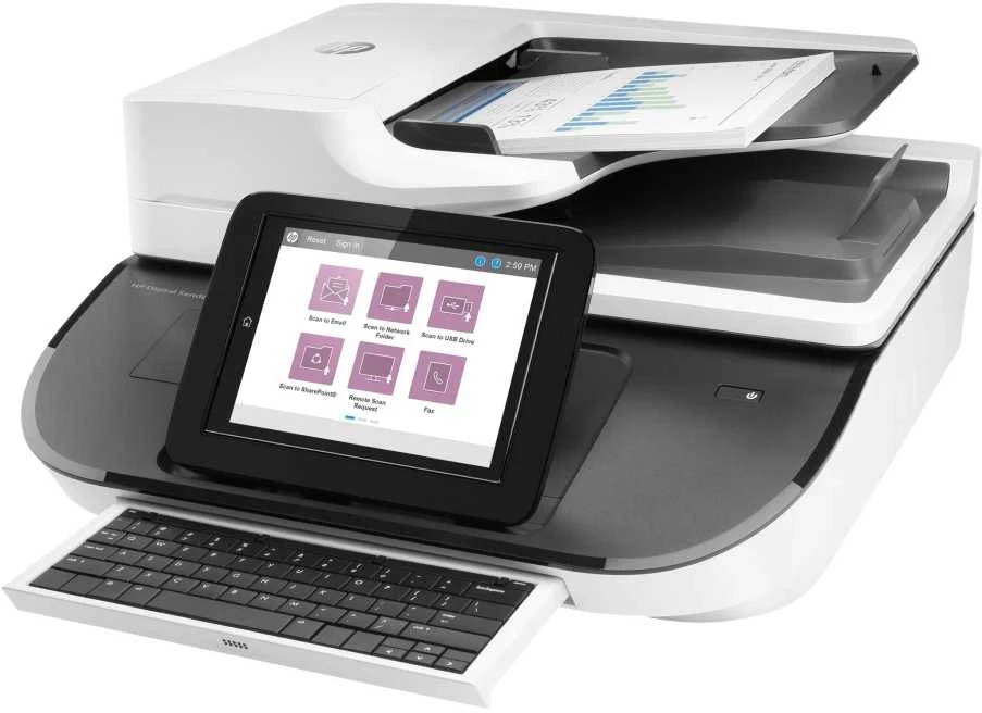 Skeneris Hewlett Packard (HP) HP Digital Sender Flow 8500 fn2 skaitytuvas / dokumentų darbo stotis – A3 spalvotas 600 dpi, plokščias / lapų tiekimo nuskaitymas, automatinis dokumentų tiektuvas, automatinis dvipusis, OCR / nuskaitymas į tekstą, 100 ppm, 10 000 puslapių per dieną
