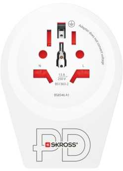 Skross 1.500292, B tipas, universalus, B tipas, A tipas, B tipas, C tipas, G tipas (JK), I tipas (AU), J tipas (CH), L tipas (IT), N tipas (BR), 100–250 V, 50–60 Hz