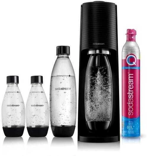 Gazuotų gėrimų gaminimo aparato SodaStream Terra rinkinys, juodas +DOVANA Bubly drops™ persikų skonio SodaStream sirupas