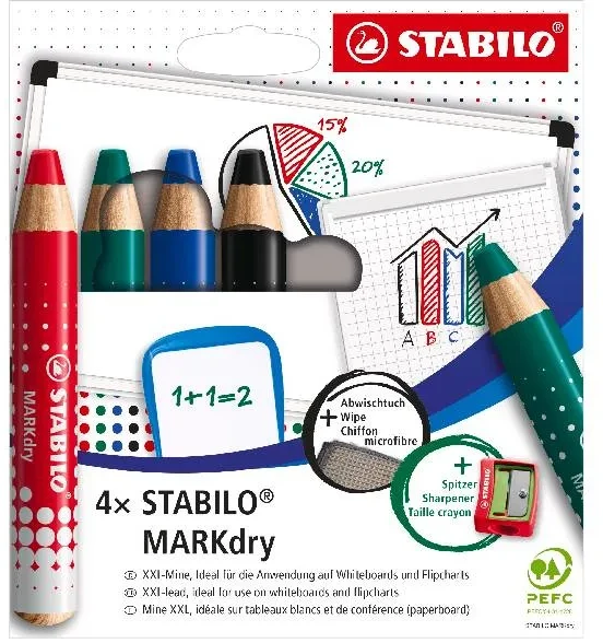 Stabilo Kredki do tablic MARKdry (+ temperówka i ściereczka) 4 kolory