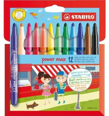Stabilo „Power Max“ vaikiškas žymeklis, 12 spalvų – 3 mm linija – gali būti paliktas be dangtelio iki 8 savaičių ir neišdžiūti