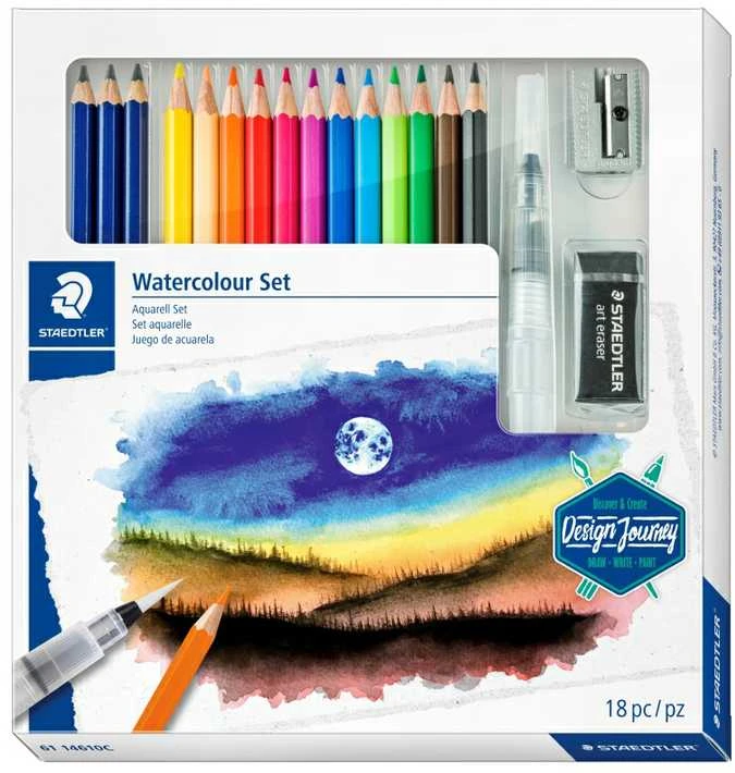 Kūrybinis rinkinys STAEDTLER 146 10C, 12 spalvotų pieštukų + 3 grafitiniai pieštukai, vandens teptukas, drožtukas