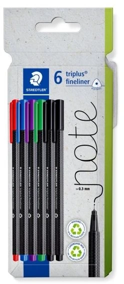 Staedtler 334 C6, Juoda, Mėlyna, Žalia, Raudona, Violetinė, Juoda, Mėlyna, Žalia, Raudona, Violetinė, Perdirbtas plastikas, Trikampis, Vandeniniai dažai, Metalas