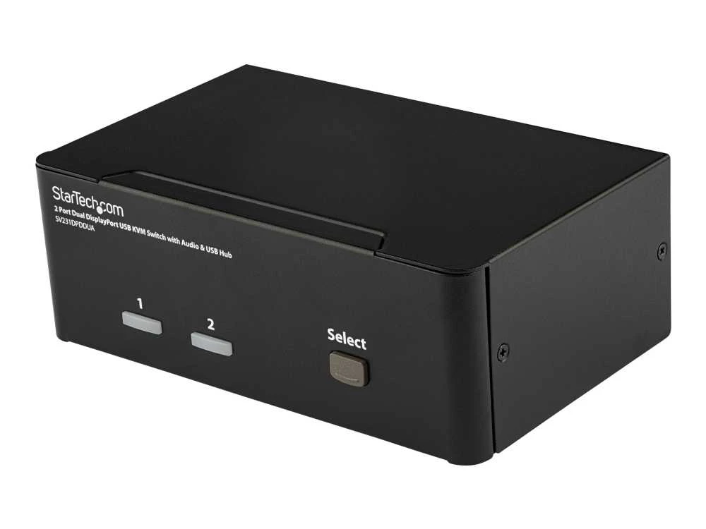 „StarTech.com“ 2 prievadų dvigubas „DisplayPort“ USB KVM jungiklis su garsu ir USB 2.0 šakotuvu – TAA, 3840 x 2400 pikselių, 4K „Ultra HD“, 18 W, juodas