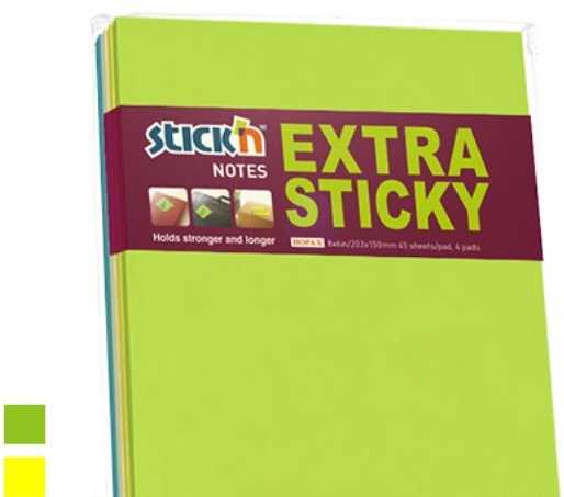 Stickn Notes Stick'N ekstra sticky 203x150mm 45 blade ass. 4blk/pak