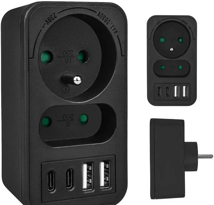„Maclean“ srovės lizdas x2 + 4xUSB, skirstytuvas su 2 lizdais, 2xUSB A, 2xUSB C PD 20W, 1x16A + 1x6A, MCE249 F/B
