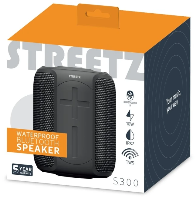STREETZ vandeniui atspari „Bluetooth“ kolonėlė,TWS, 10 W, IPX7, 3,5 mm,, AUX, su mikrofonu, juoda CM765