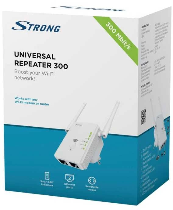 Maršrutizatorius Strong REPEATER300V2, Tinklo kartotuvas, 300 Mbit/s, „Wi-Fi“, Ethernet LAN jungtis, Balta