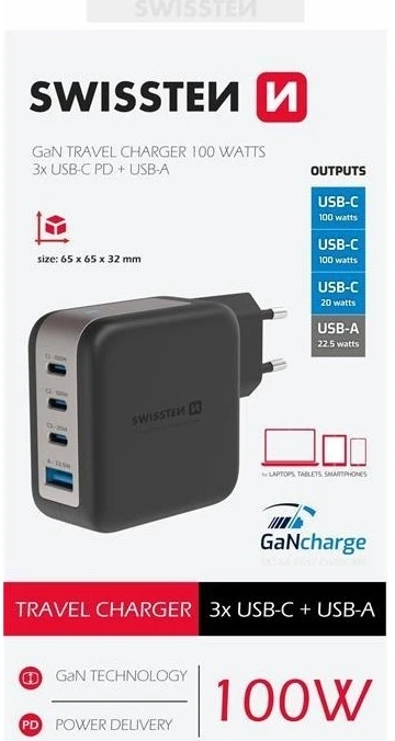 „Swissten“ kelioninis įkroviklis GaN 3x USB-C PD 100W / USB-A 18W QC