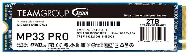 TEAM GROUP MP33 Pro 2TB PCIe Gen3 x4 NVMe M.2 SSD 2100/1700 MB/s