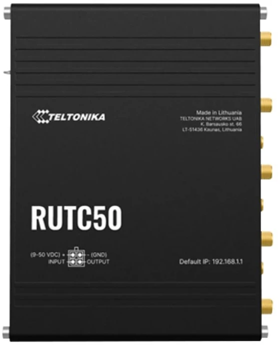 Teltonika RUTC50, „Wi-Fi 6“ (802.11ax), dviejų dažnių (2,4 GHz / 5 GHz), Ethernet LAN, 5G, juodas, pramoninis maršrutizatorius