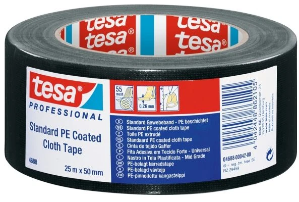 TESA 4688, Juoda, Sujungimas, Pakuotė, Remontas, Poliesteris, 25 m, 50 mm