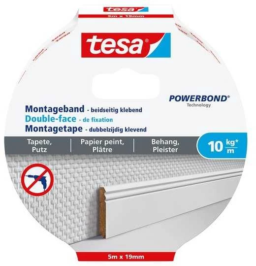 „Tesa“ surinkimo linija, 5 m x 19 mm, tapetams ir tinkui, iki 10 kg/m, balta