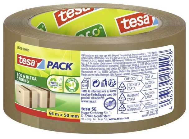 Tesa tesapack adhesive tape Eco* ultra strong PP, 66m x 50mm, ruda, 58299