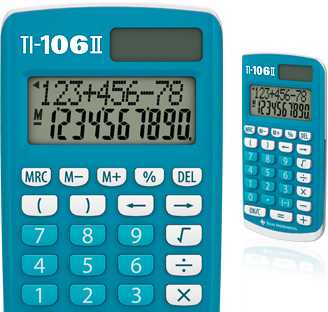 Texas Instruments TI 106-II, kišeninis, bazinis, 2 linijų, su baterija / saulės energija, mėlynas, baltas