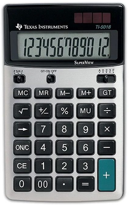 Texas Instruments TI-5018 SV, Stalinis, Bazinis, 12 skaitmenų, 1 eilutė, Juoda, Sidabras