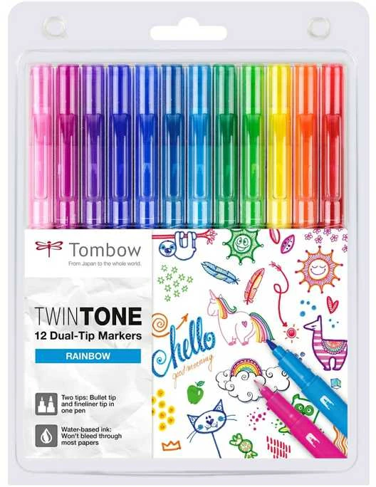 Tombow TwinTone, 12 vnt., Daugiaspalvis, Plonas/Apvalus galiukas, Apvalus, 0,3 mm, 0,8 mm