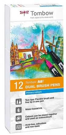 Tombow TwinTone Pastels, 12 vnt., juoda, mėlyna, ruda, žydra, žalia, oranžinė, rožinė, raudona, violetinė, geltona, plonuapvalus antgalis, daugiaspalvė, apvali, blisteris