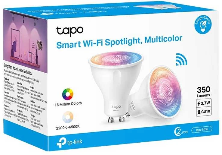 TP-Link Išmanusis „Wi-Fi“ prožektorius, pritemdomas, 2 vnt. SPECIFIKACIJOS: 2,4 GHz, IEEE 802.11b/g/n, GU10 cokolis, 220–240 V, 50/60 Hz, 350 lm, 3,7 W, 2 200 K ~ 6 500 K, 16 milijonų spalvų, spindulio kampas 40°, 4 kWh / 1000 val., tarnavimo laikas iki 15 000 val., energijos vartojimo efektyvumo klasė E. FUNKCIJOS: 16 milijonų spalvų, pritemdomas, nereikia šakotuvo.