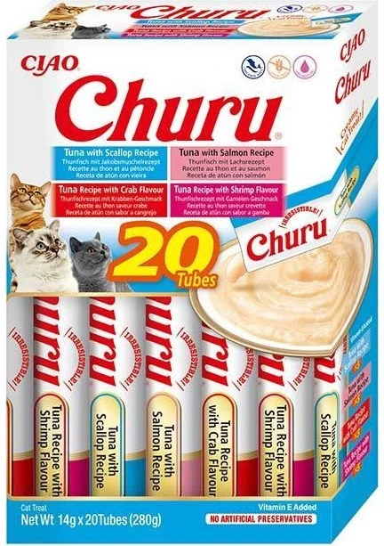 Churu kreminis skanėstas katėms su tunu ir jūrų gėrybėmis, 20 vnt. dėžutėje