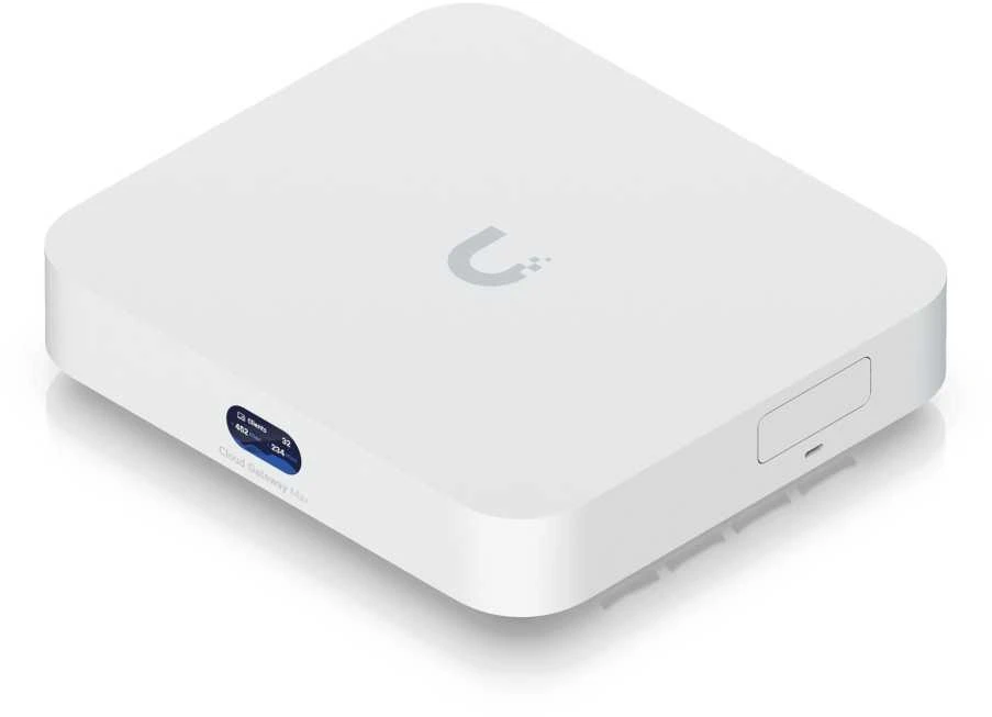Maršrutizatorius UBIQUITI CLOUD GATEWAY MAX – kompaktiškas 2,5 G debesies šliuzas su daugiau nei 30 UNIFI įrenginių / daugiau nei 300 klientų aptarnavimu, 1,5 GBPS IPS maršrutizavimu ir be NVR saugyklos.