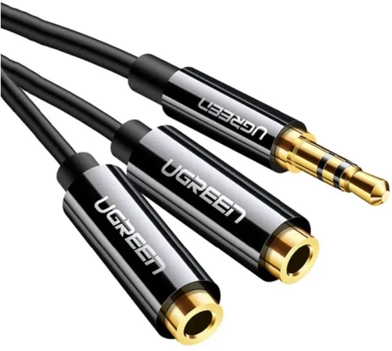 UGREEN AV123 AUX 3.5mm kištukas - 2x 3.5mm lizdai kabelis 0.25m juodas