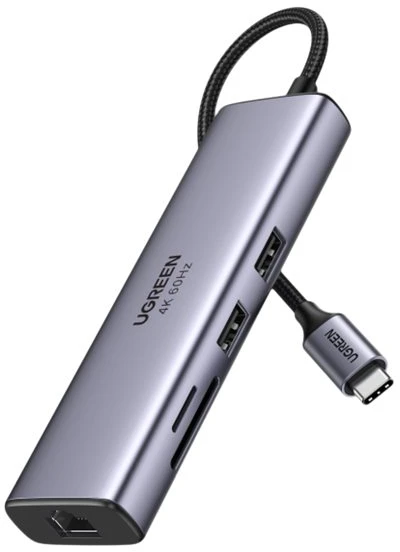 HUB 7in1 Ugreen CM512 USB-C / 2x USB-A 3.2 / HDMI 4K / SD TF skaitytuvas / USB-C PD 100W / RJ45 - pilka