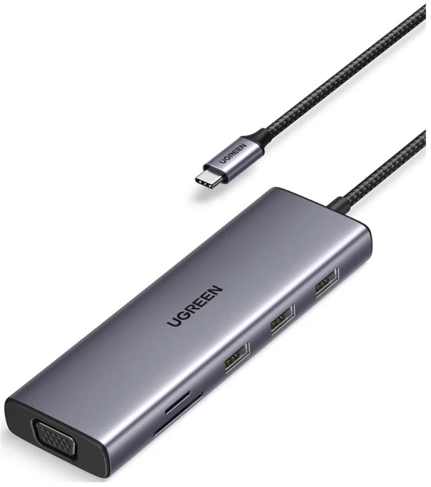 Adapteris 10w1 UGREEN Revodok CM498 Hub USB iki 3x USB-A 3.0, HDMI, VGA, RJ45, SD/TF, AUX3.5mm, PD keitiklis