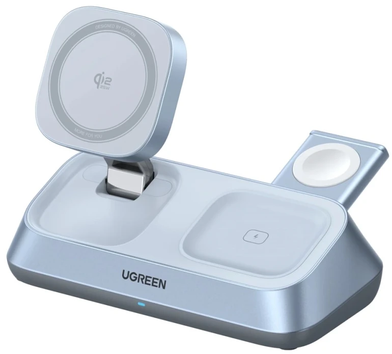 UGREEN W711 MagFlow 3-in-1 magnetinis belaidis stalinis įkroviklis Qi2 25W, skirtas iPhone, AirPods ir Watch, sidabrinis (55677)