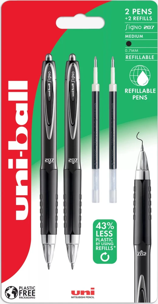 UNIBALL Uni-ball Signo 207 ploni 2 juodi rutuliniai rašikliai + 2 šerdelės. Patogi guminė rankena, linijos plotis 0,5 mm.