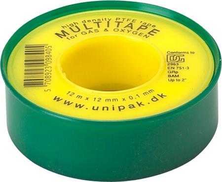 „Unipak Gevindtape“ dujų juosta 12 mm - daugiasluoksnė teptopolimero juosta D6-2963