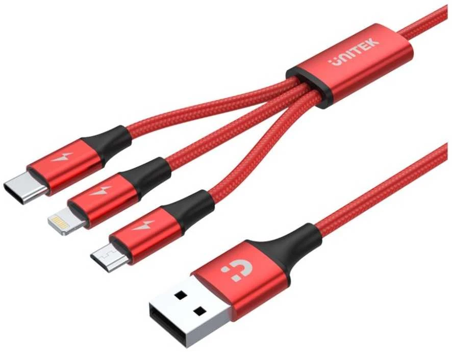 UNITEK C4049RD Unitek kabelis 3-in-1, USB-C tipas / MicroUSB / Lightning, 1,2 m, raudonas, C4049RD