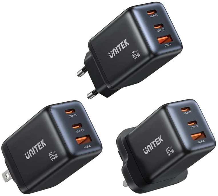 Unitek Įkroviklis jungiama į tinklą 3-portowa GaN 65W, 2xUSB-C, USB-A, PD 3.0, juoda