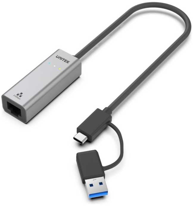 Tinklo Adapteris - UNITEK U1313C USB-A/USB-C Į RJ-45 2.5 Gbit Pilkas
