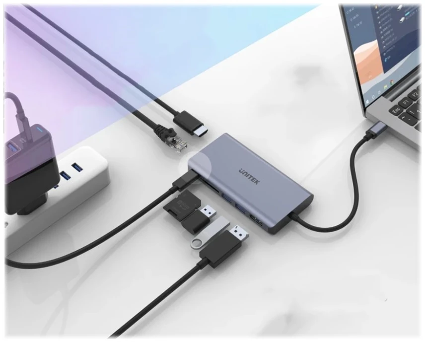 UNITEK D1056A šakotuvas USB-C 2x USB 3.1 HDMI DP RJ45 SD skaitytuvas