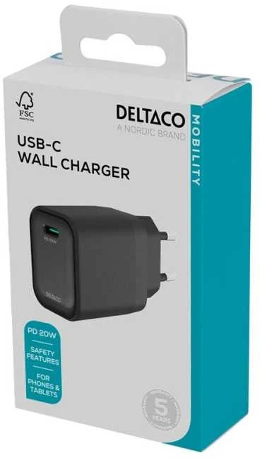 USB-C sieninis įkroviklis DELTACO, 1x USB-C PD, 20 W, juodas / USBC-AC151 / 1903150