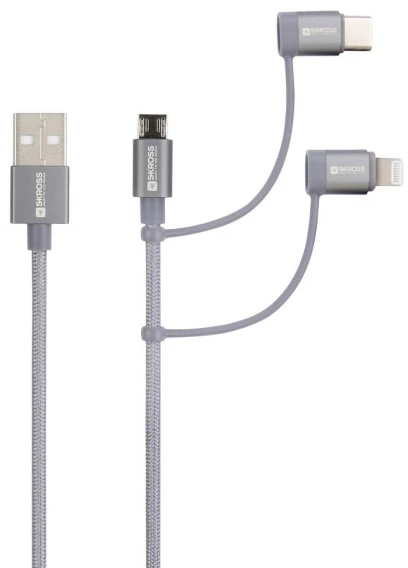 SKROSS USB Kabelis 3in1 Cable, Braiding, 0,30m space pilkas