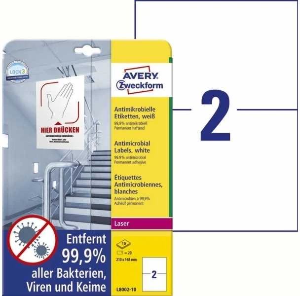 Avery Zweckform „Avery L8002-10“, balta, A4, poliesteris, lazerinis, permanentinis, stačiakampis