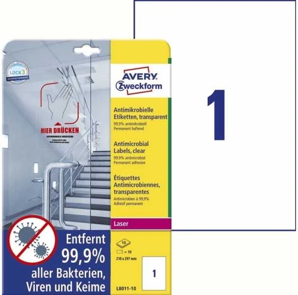 Avery Zweckform Avery L8011-10, permatomas, A4, poliesteris, permanentinis, stačiakampis, 70 g/m²